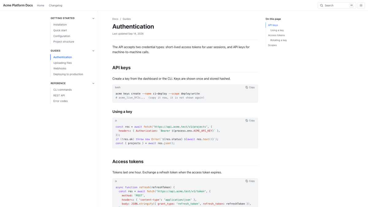 An article page in light mode: tag-based sidebar navigation on the left, article body in the middle, on-this-page table of contents on the right.