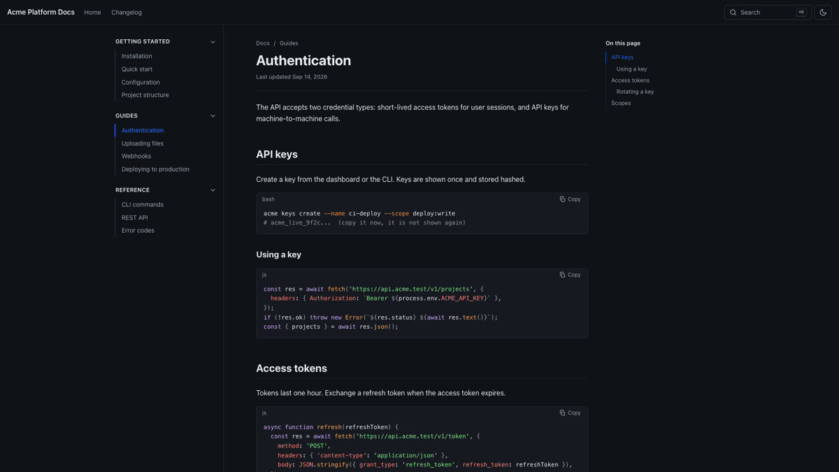 The same article page in dark mode, with the sidebar, body and table of contents on a dark background.