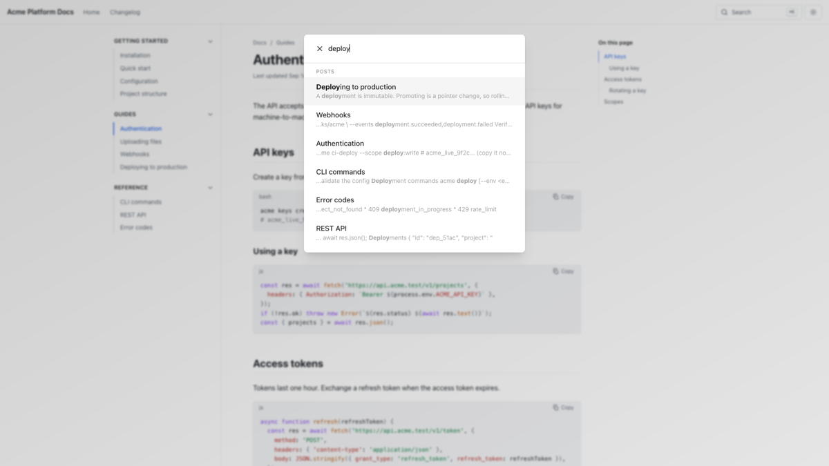 The search dialog open over the documentation page, listing matching pages.