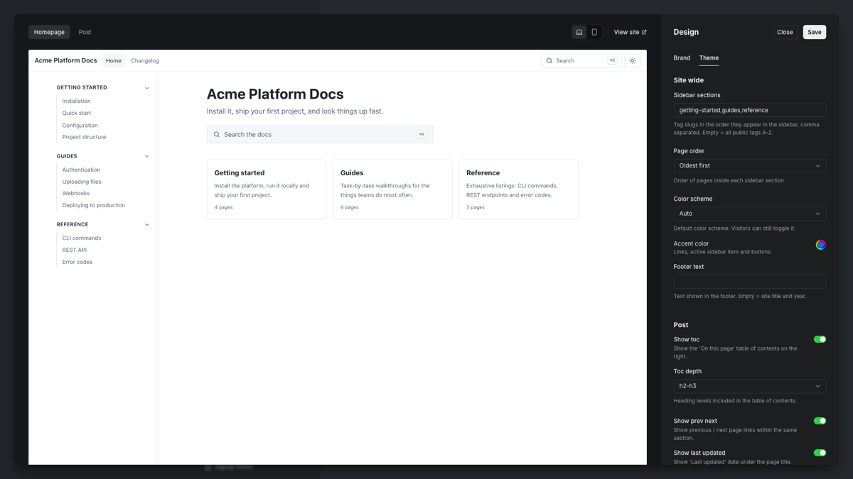 Ghost Admin Design settings showing the theme options for section order, page order, table of contents depth, colors and homepage layout.